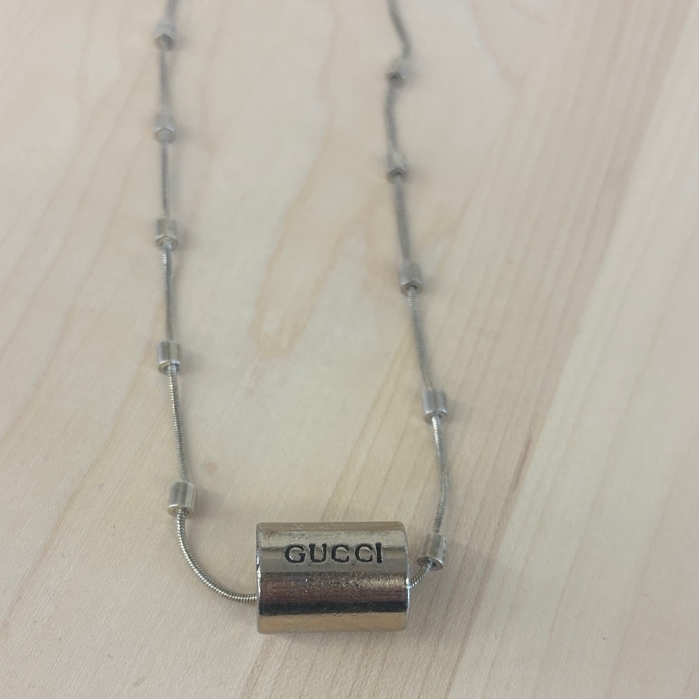 Gucci Silver Barrel Logo Pendant Necklace